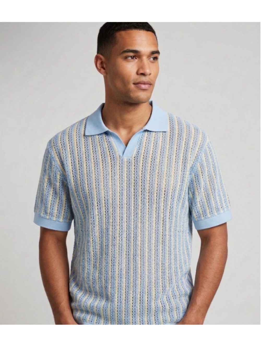 Men's SAINTS STUDIO Light Blue Ecru Striped Knit Polo Shirt L